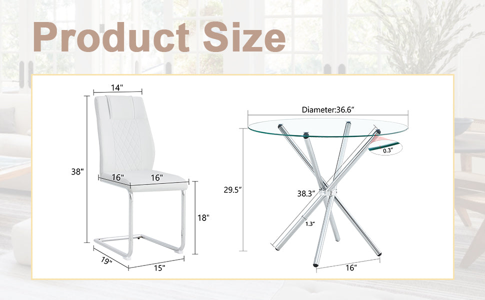 Diagram showing dimensions of a white faux leather dining chair with chrome legs