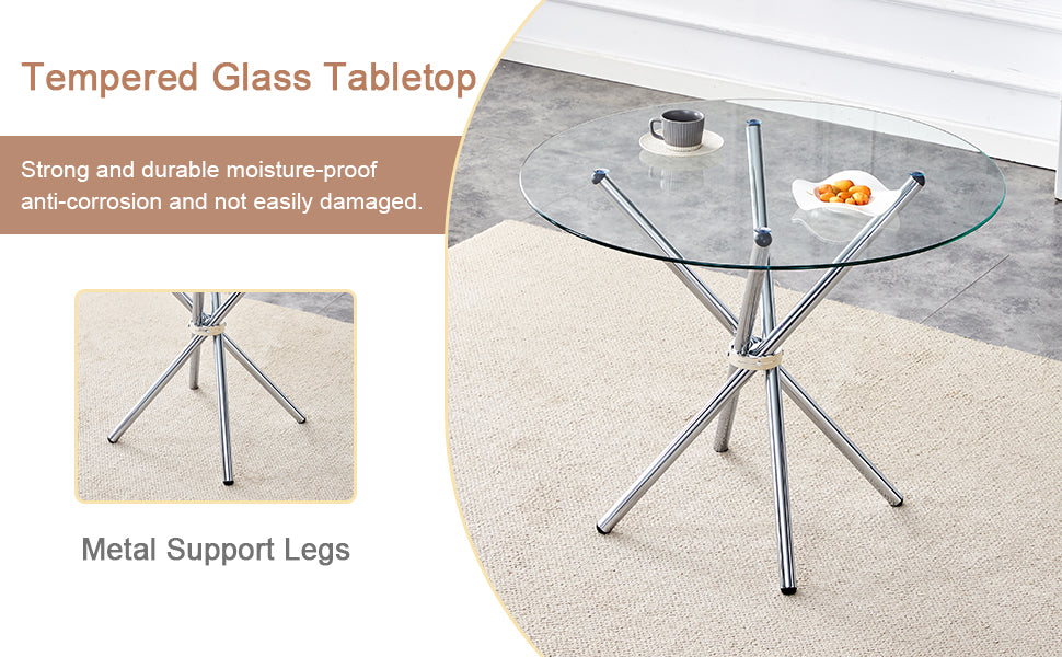 Round tempered glass coffee table with chrome metal legs and a small bowl of snacks