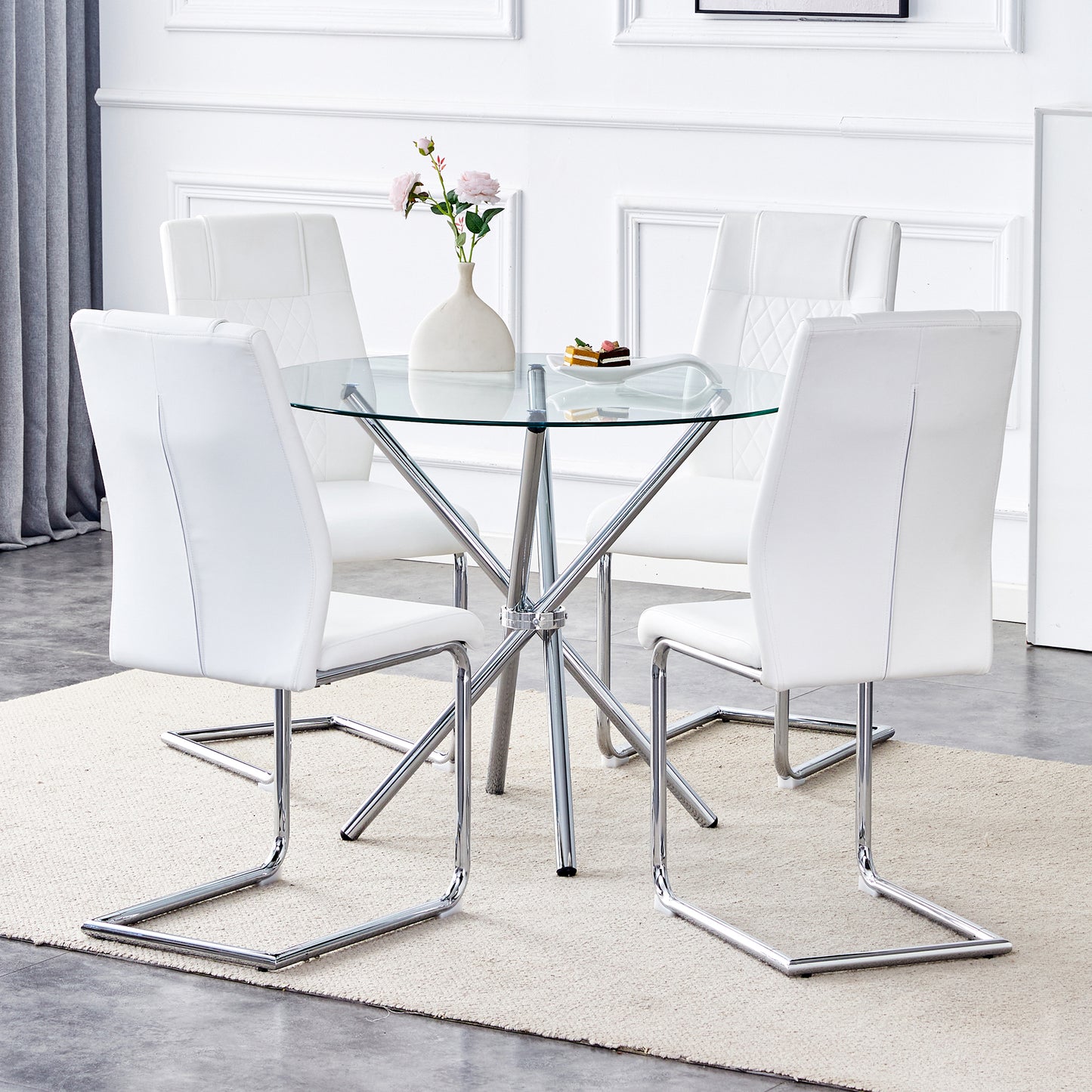 White leather dining chairs with chrome legs