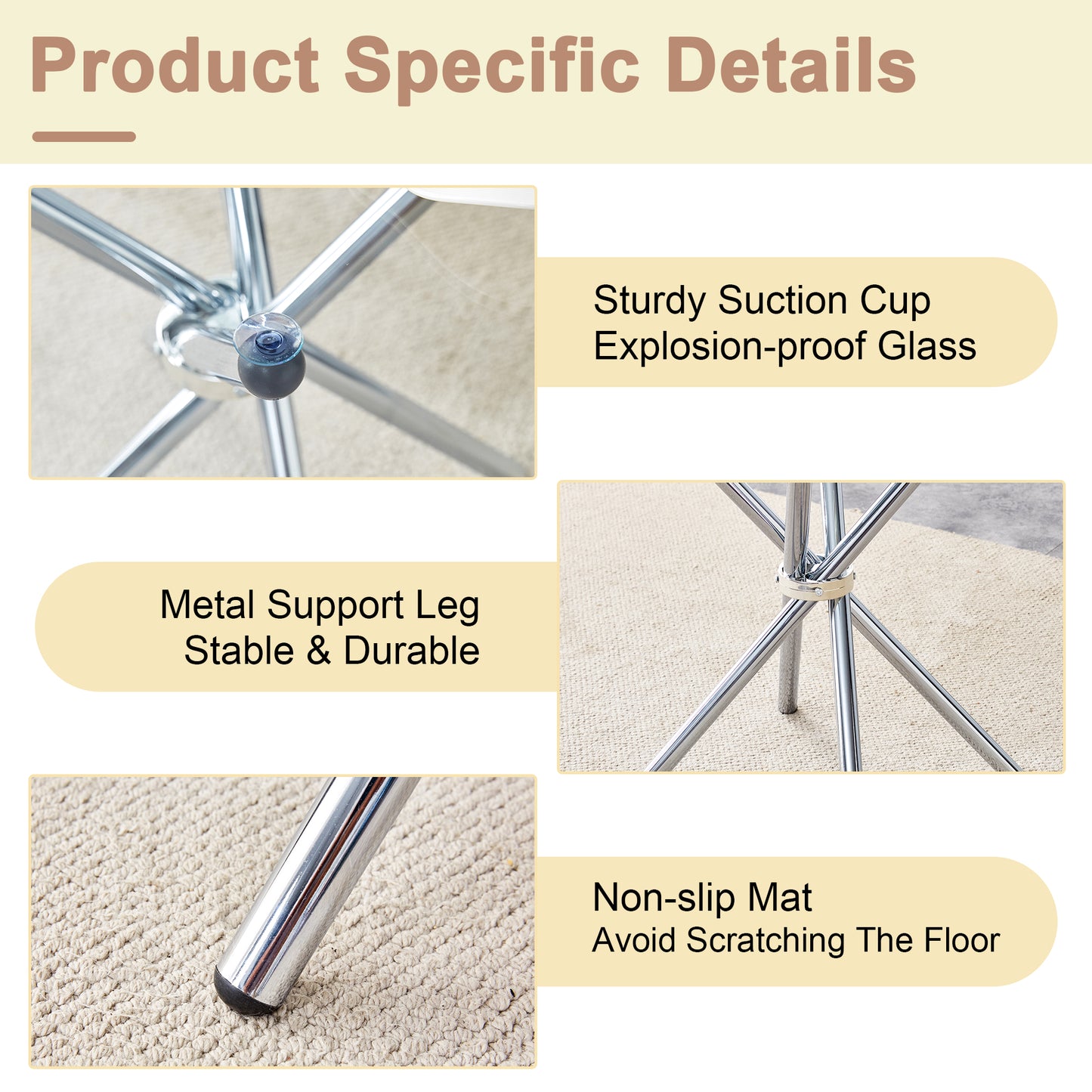 Closeup of a sturdy suction cup on a metal chair base