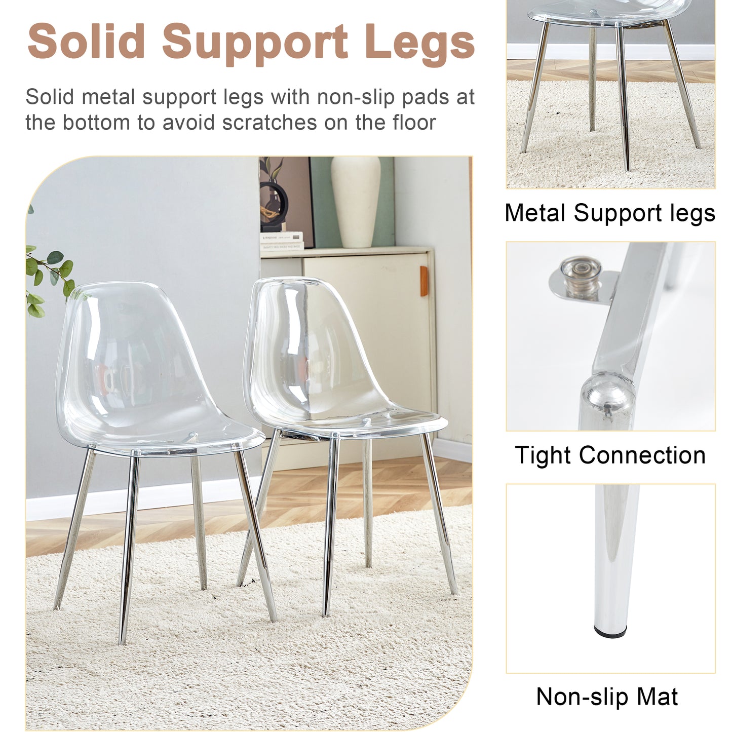 Clear acrylic dining chair with shiny chrome metal support legs