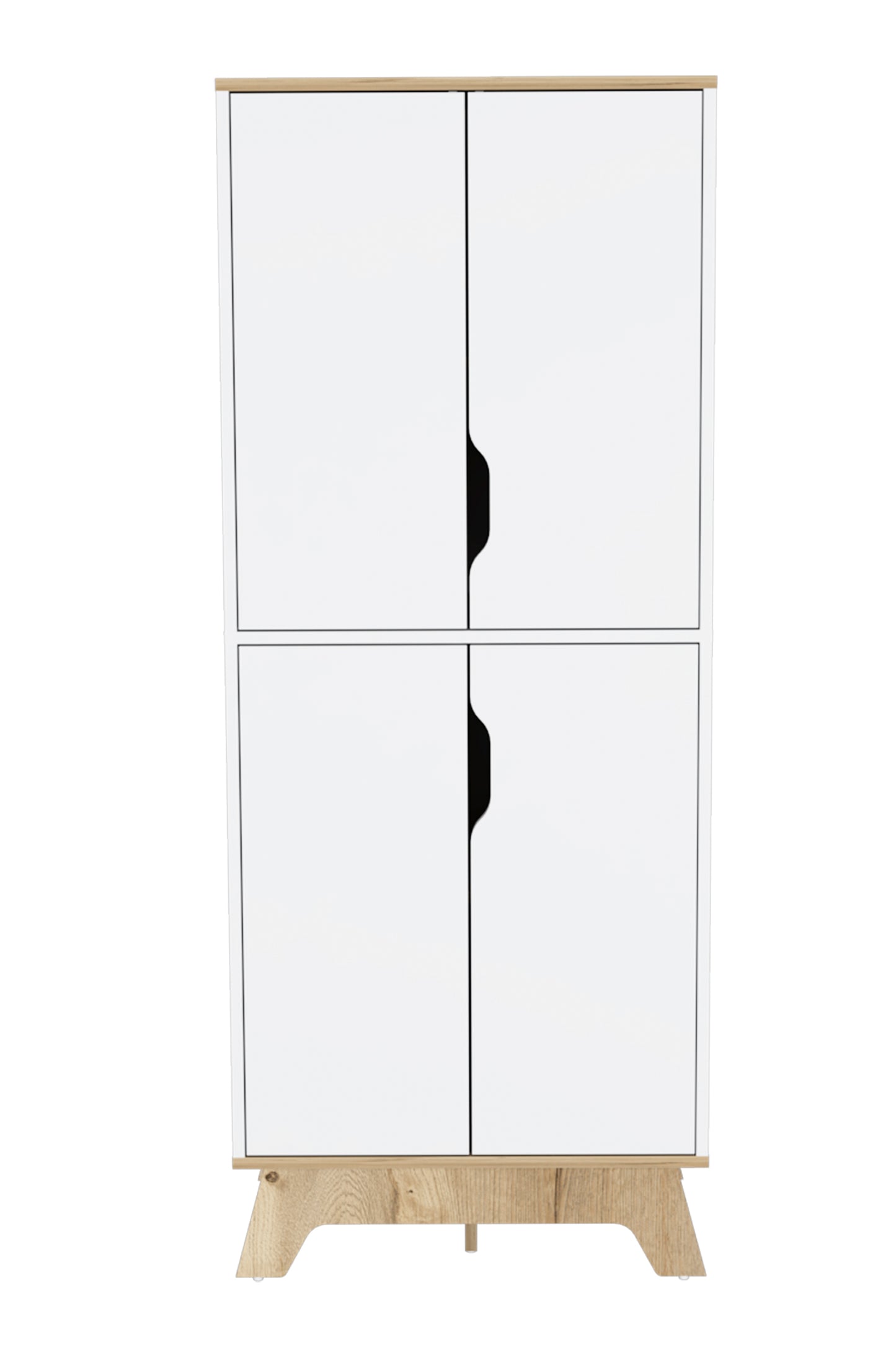 Modern white twodoor storage cabinet with light oak accents and angled legs