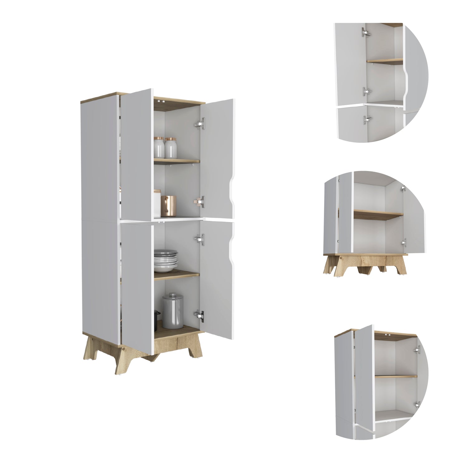 Tall grey cabinet with light wood accents and open doors