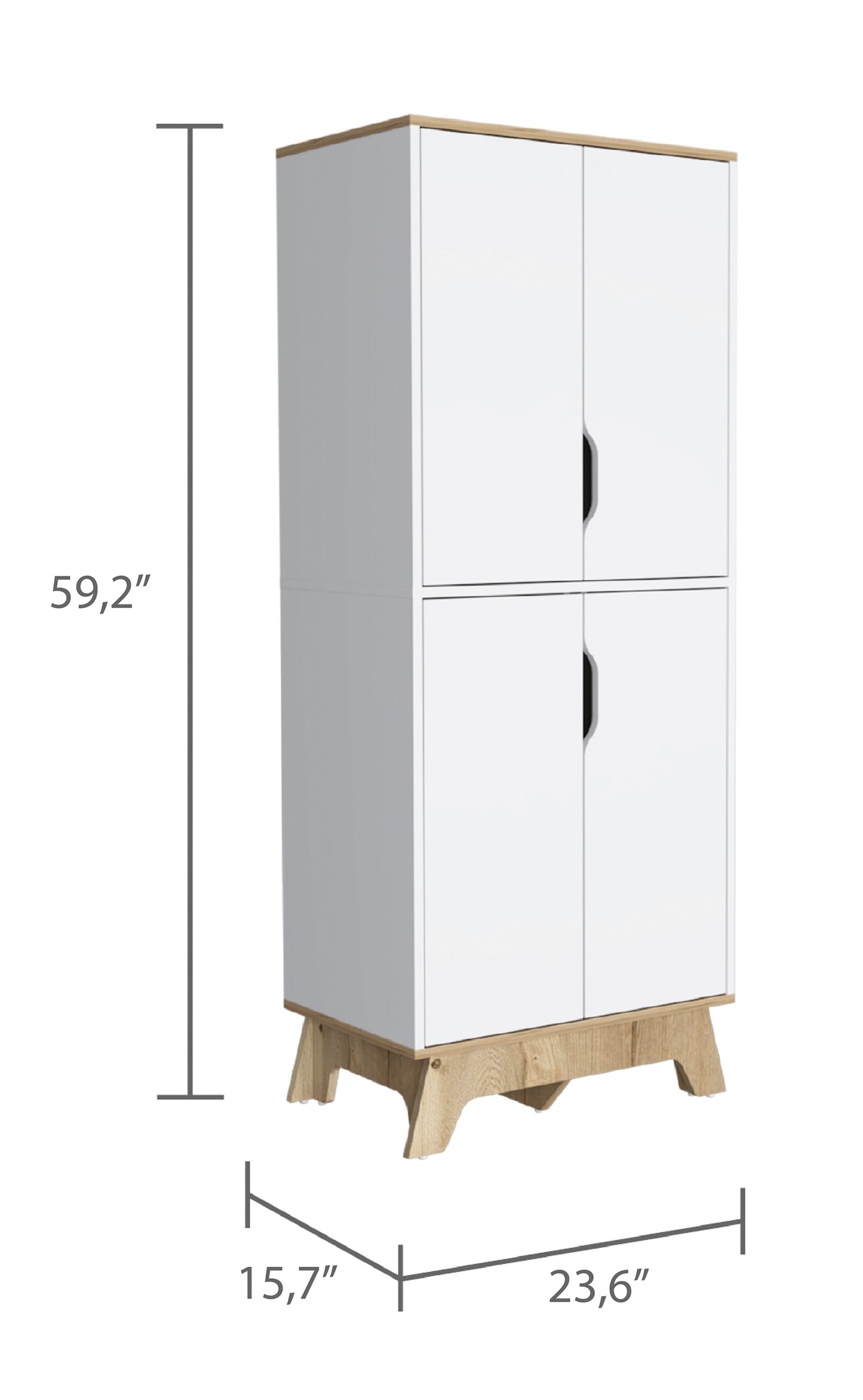 Tall white and wood storage cabinet with four doors and angled legs