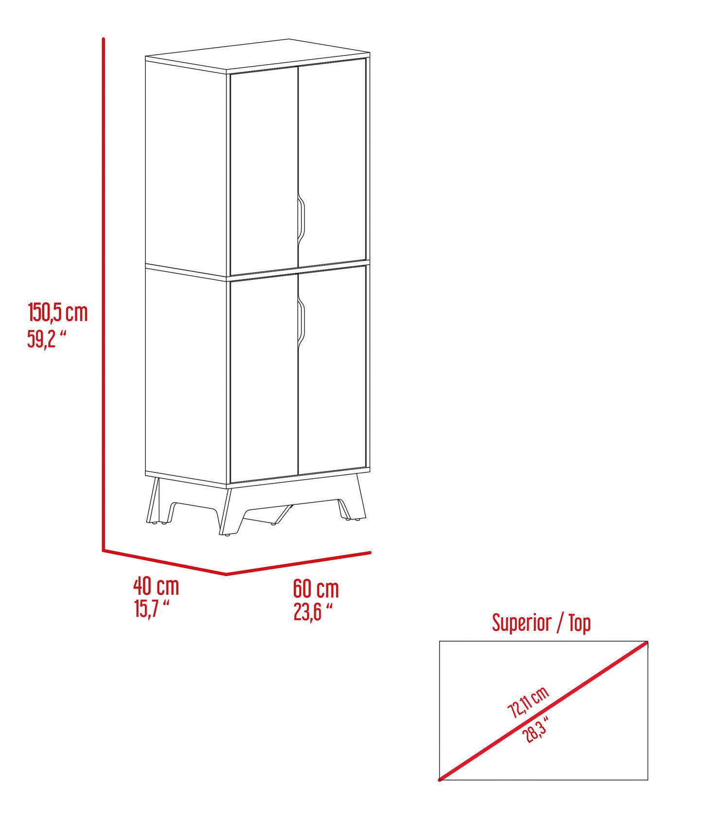 Line drawing of a tall cabinet with two doors on top and two on bottom