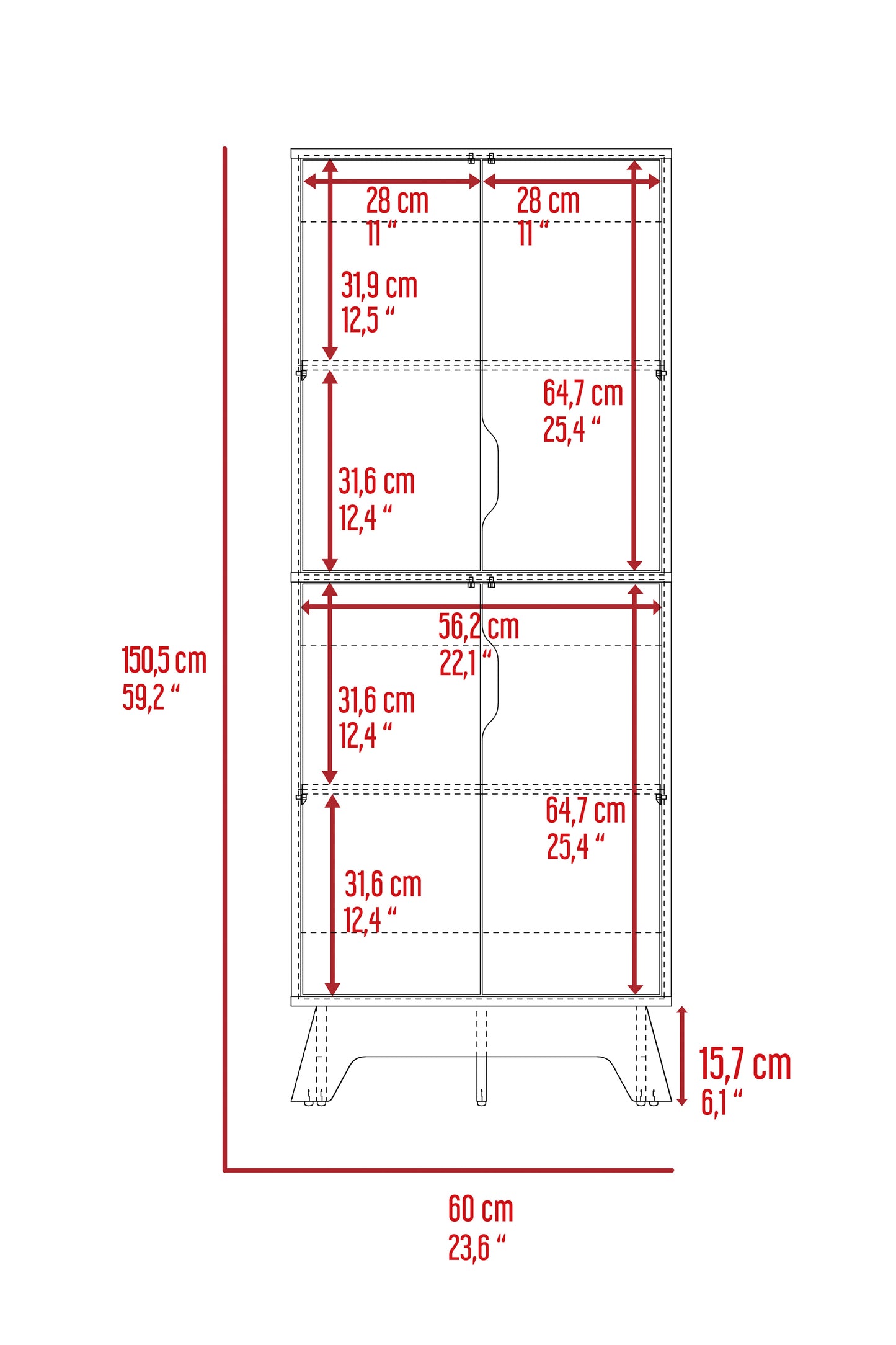Line drawing of a white shelving unit with dimensions marked