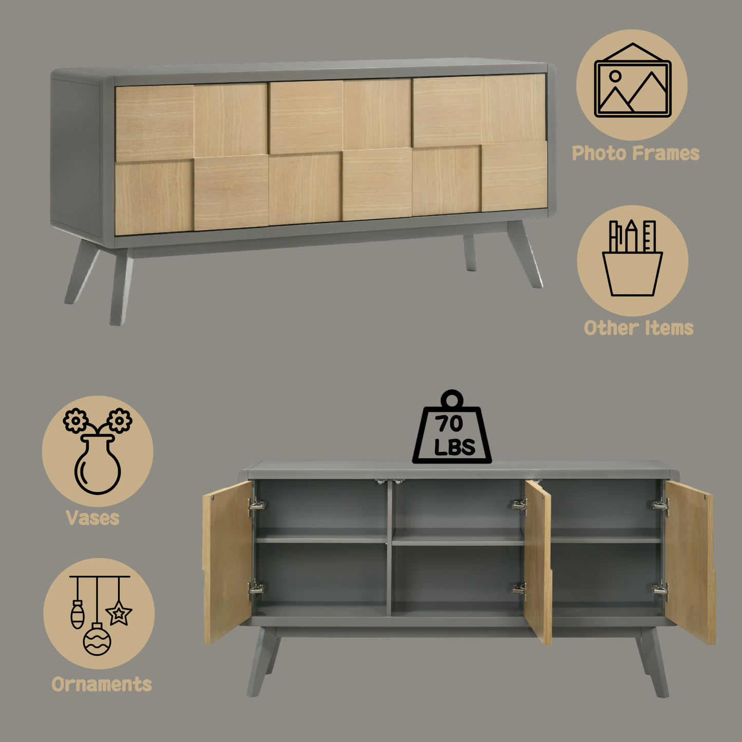 Gray sideboard with natural wood doors and tapered legs