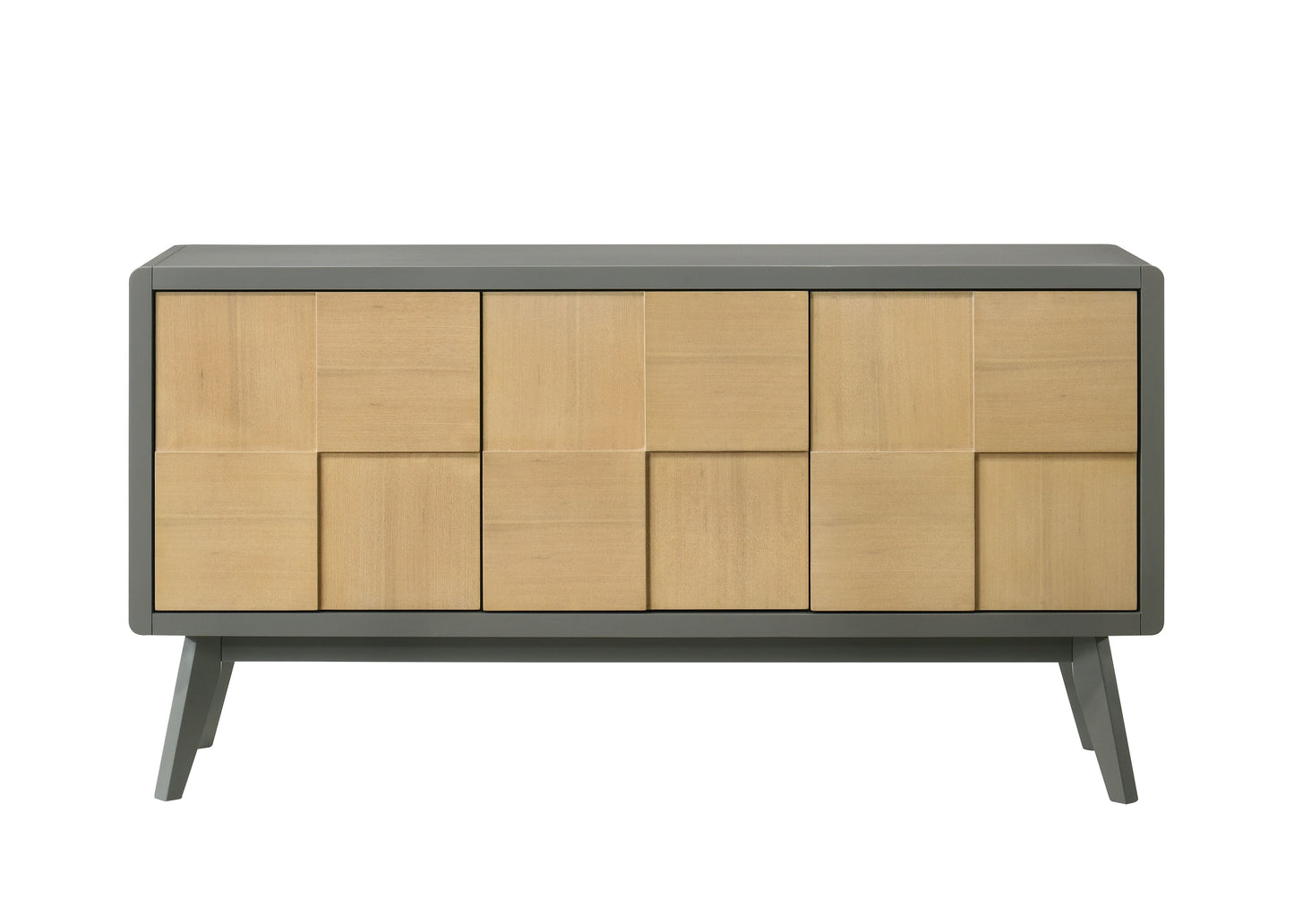 Modern grey sideboard with eight light wood paneled doors and tapered legs