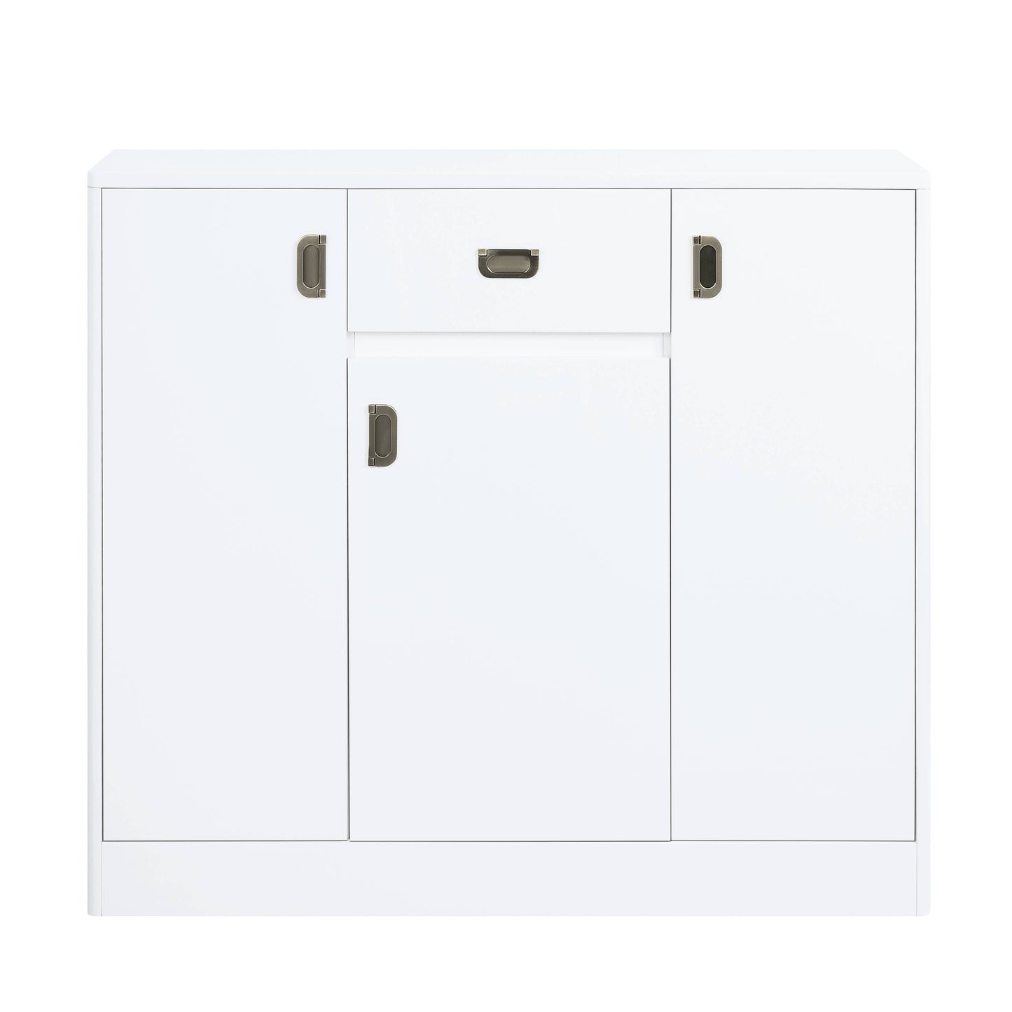 Modern white twodoor cabinet with single drawer and brushed nickel hardware