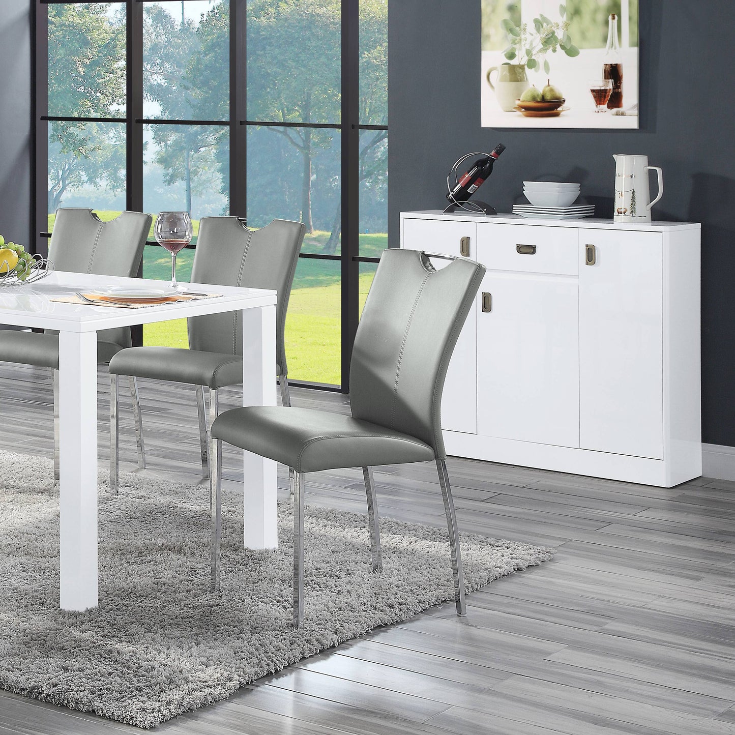 Modern grey leather dining chair with chrome legs