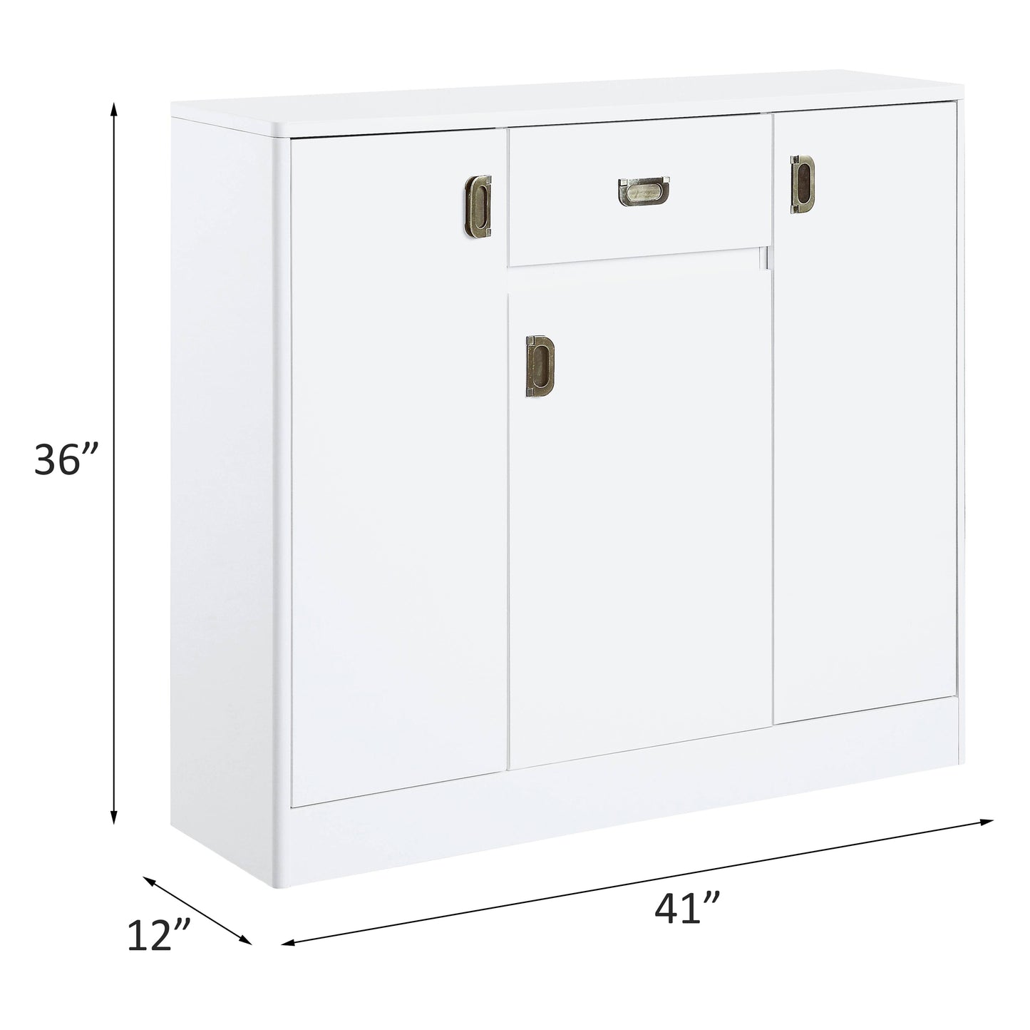 White accent cabinet with brasstoned hardware and one drawer