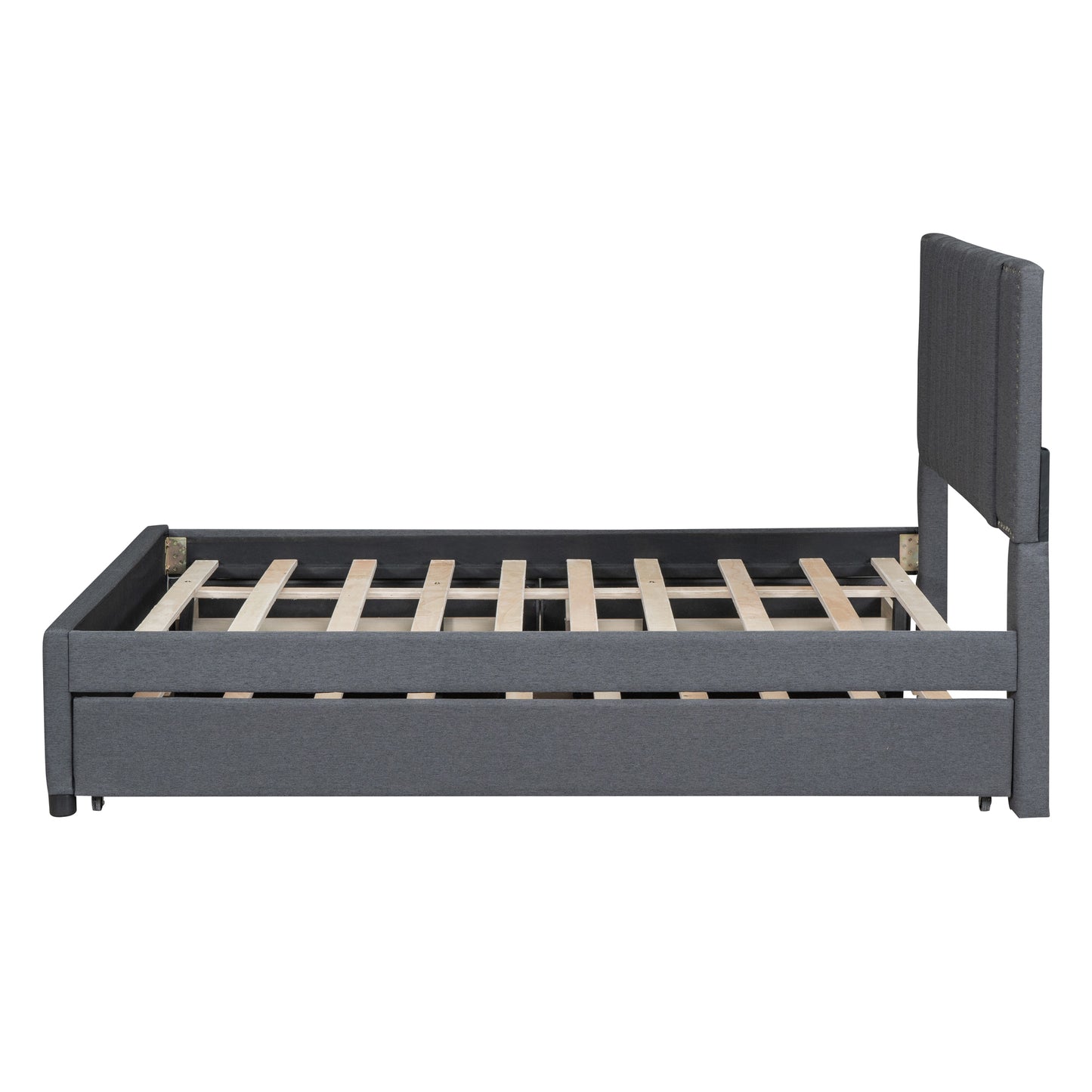 Grey upholstered bed frame with wood slats and a padded headboard