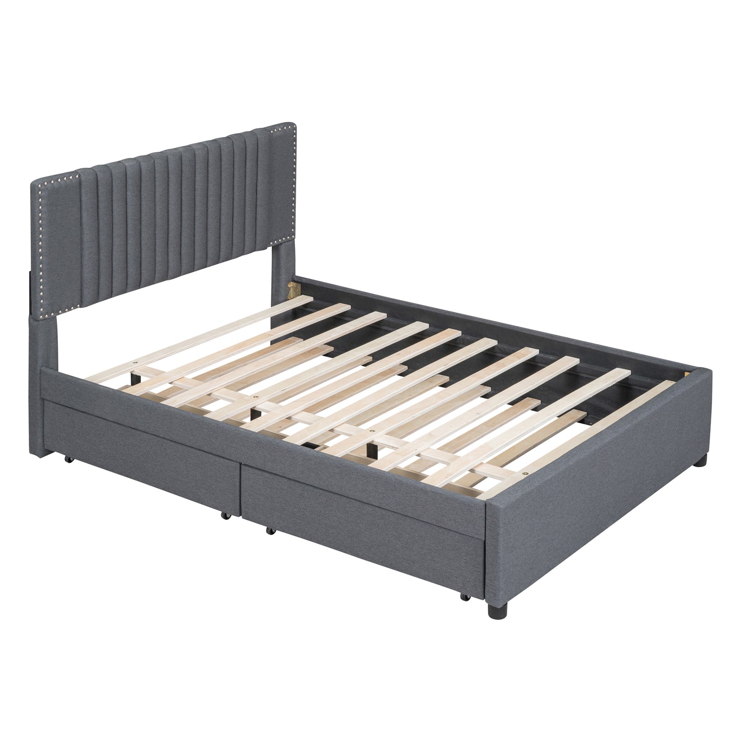 Dark gray fabric bed frame with upholstered headboard and storage drawers