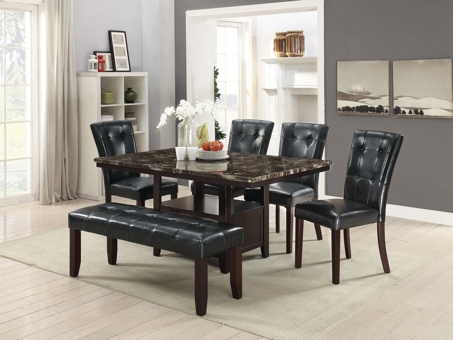 Black tufted faux leather dining chairs with dark wood legs