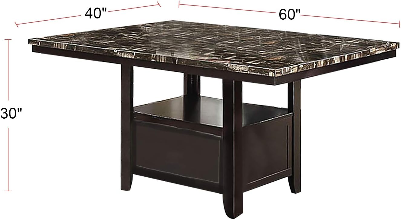 Rectangular faux marble top counter height table with dark espresso wood base and shelf