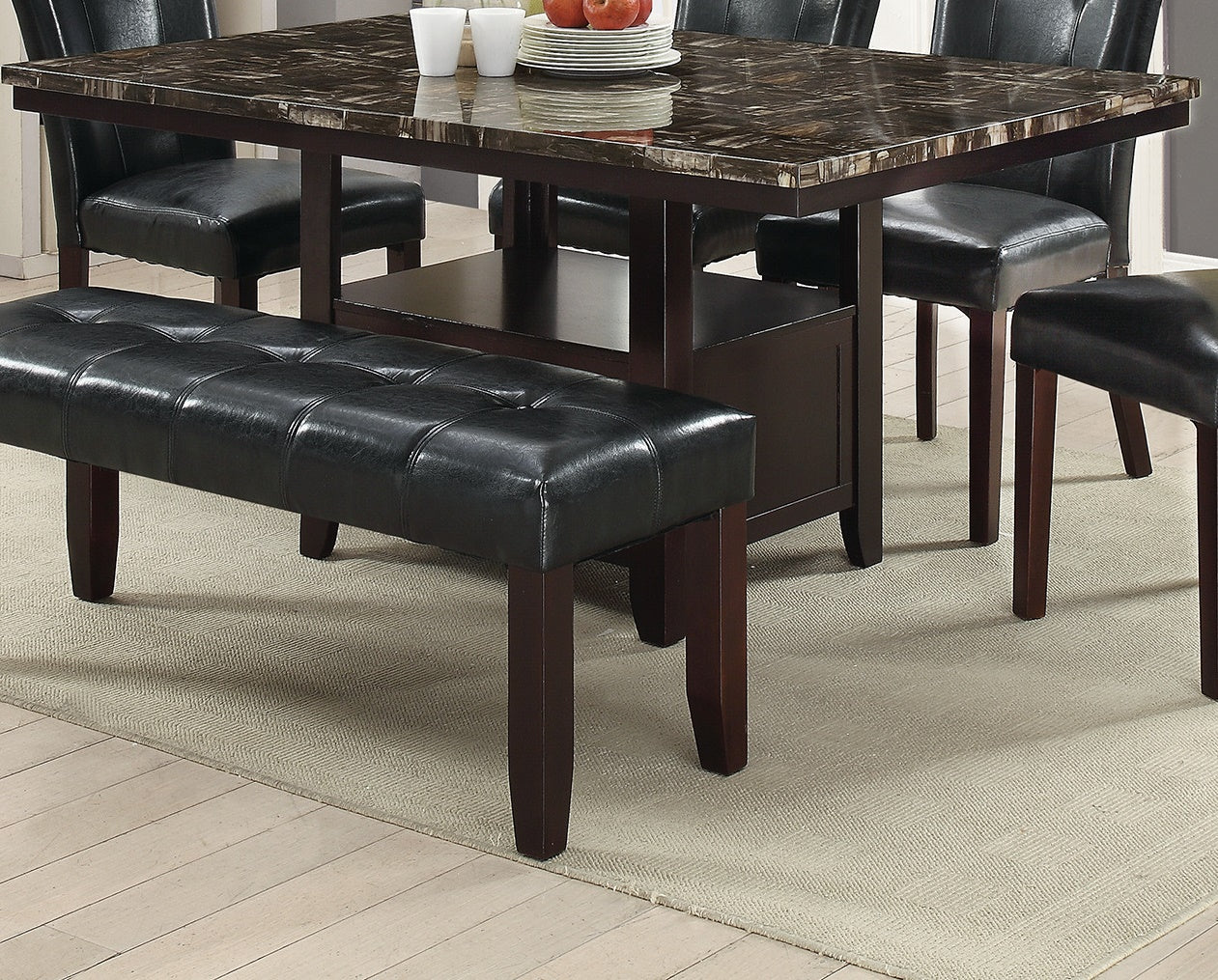 Black tufted faux leather dining bench with dark wood legs
