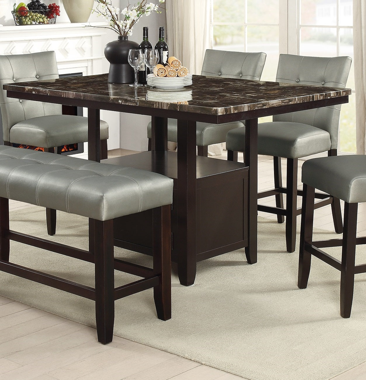 Tufted gray faux leather bench with dark wood legs