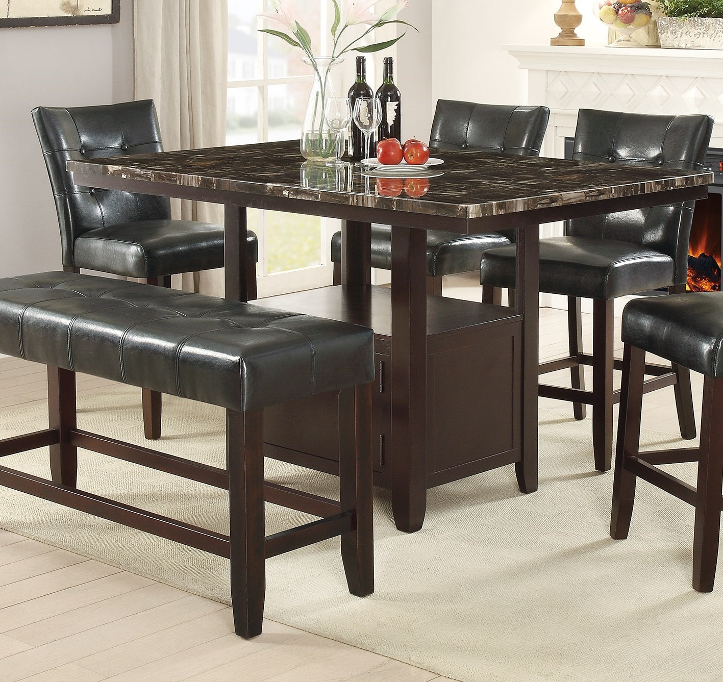 Square marble top dining set with tufted leather bar stools and bench