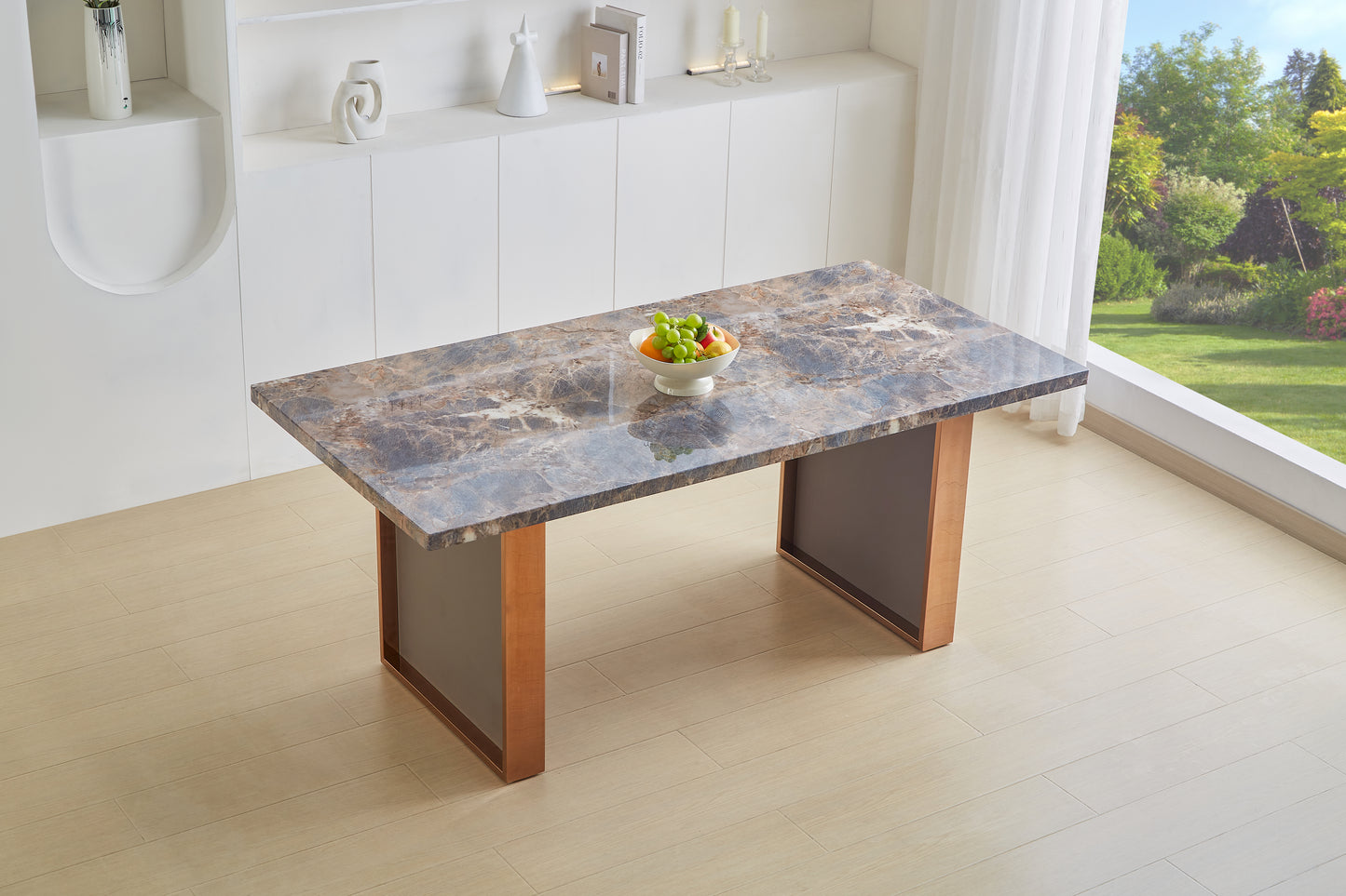 Rectangular marble dining table with brown and grey veining and wooden legs