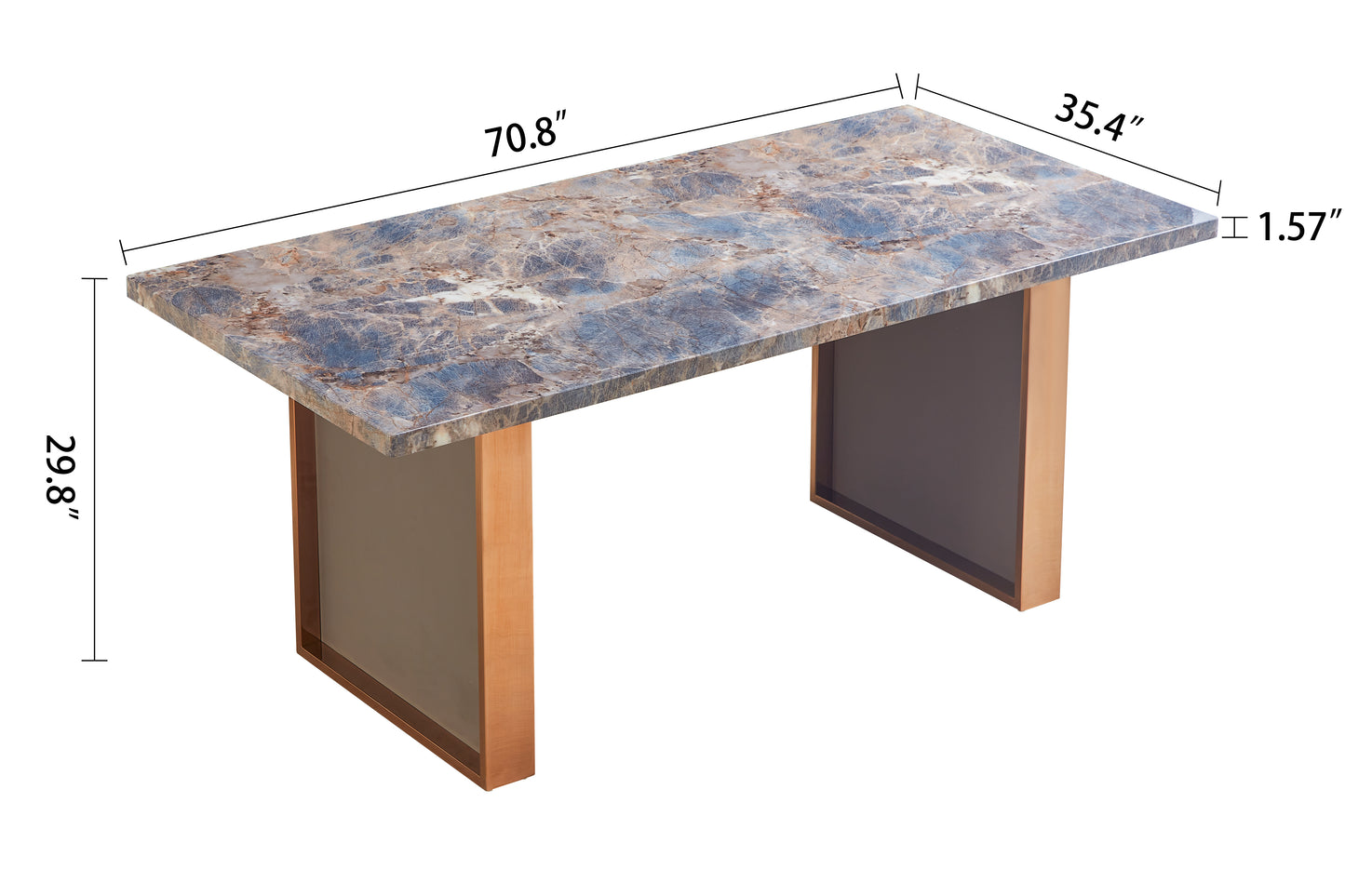 Modern dining table with marbled blue and brown top and wooden legs