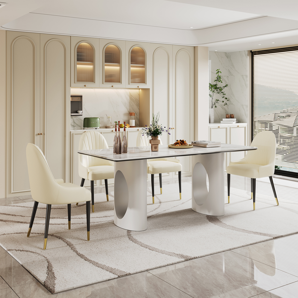 Modern white pedestal dining table with marble top