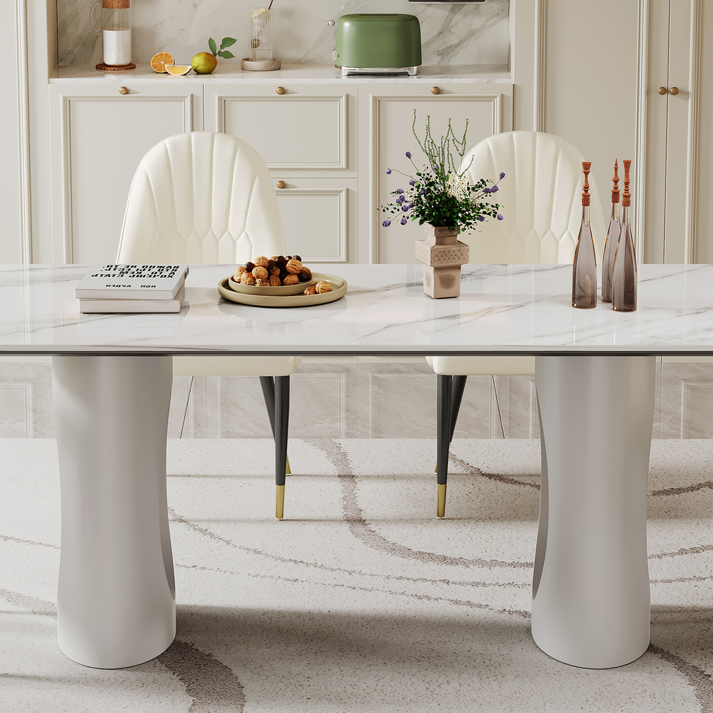 Modern white marble dining table with elegant pedestal base