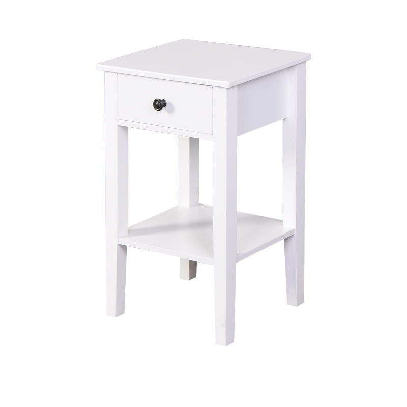 White wooden accent table with one drawer and open shelf