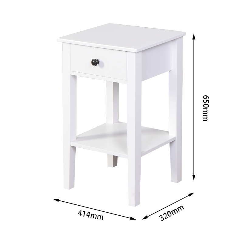 White bedside table with one drawer and a lower shelf