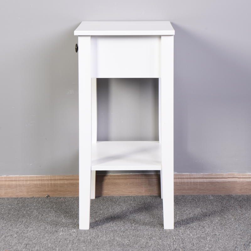 White minimalist end table with one drawer and open shelf