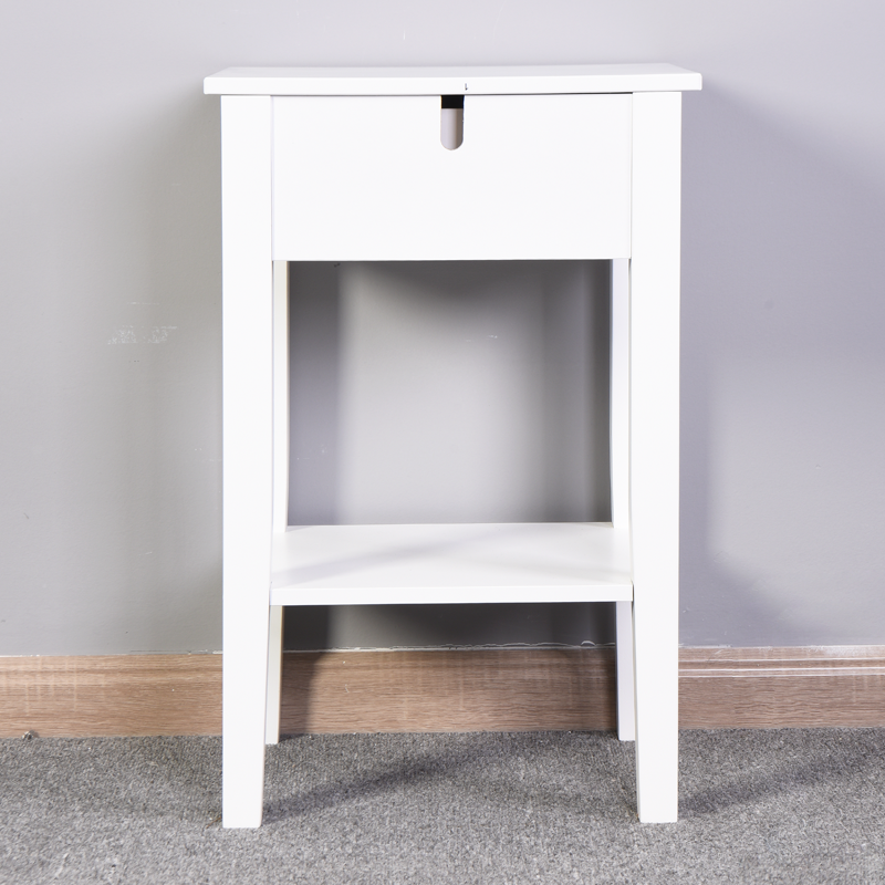 White wooden nightstand with one drawer and open shelf