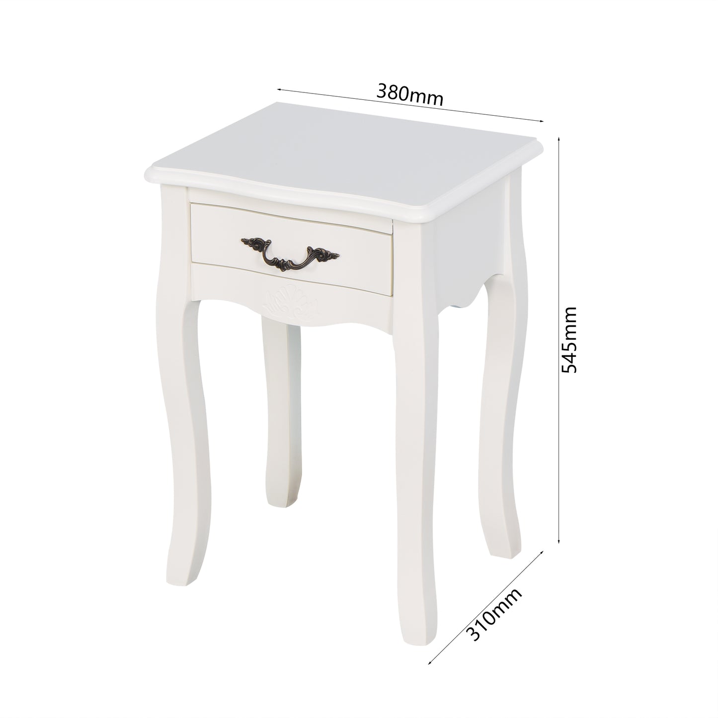 White wooden end table with ornate drawer pull and cabriole legs