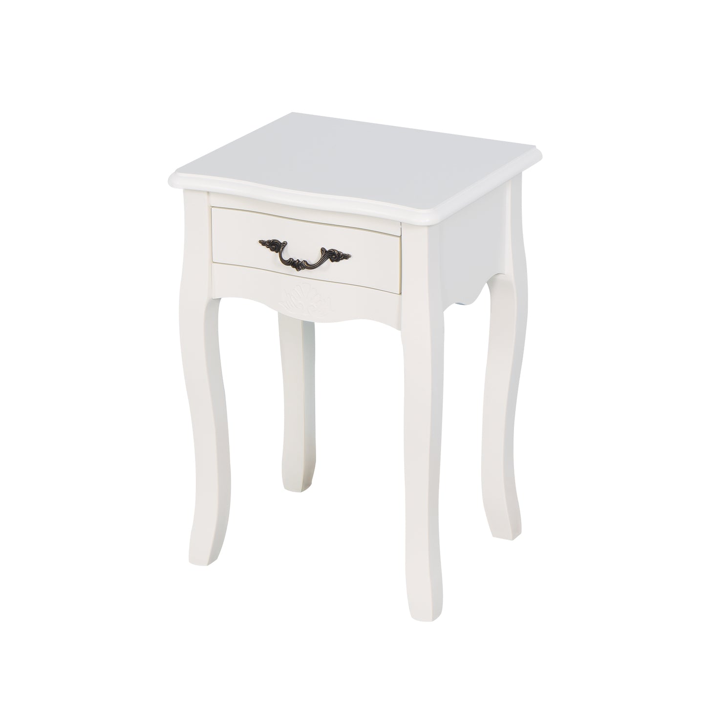 White antique nightstand with ornate drawer pull and cabriole legs