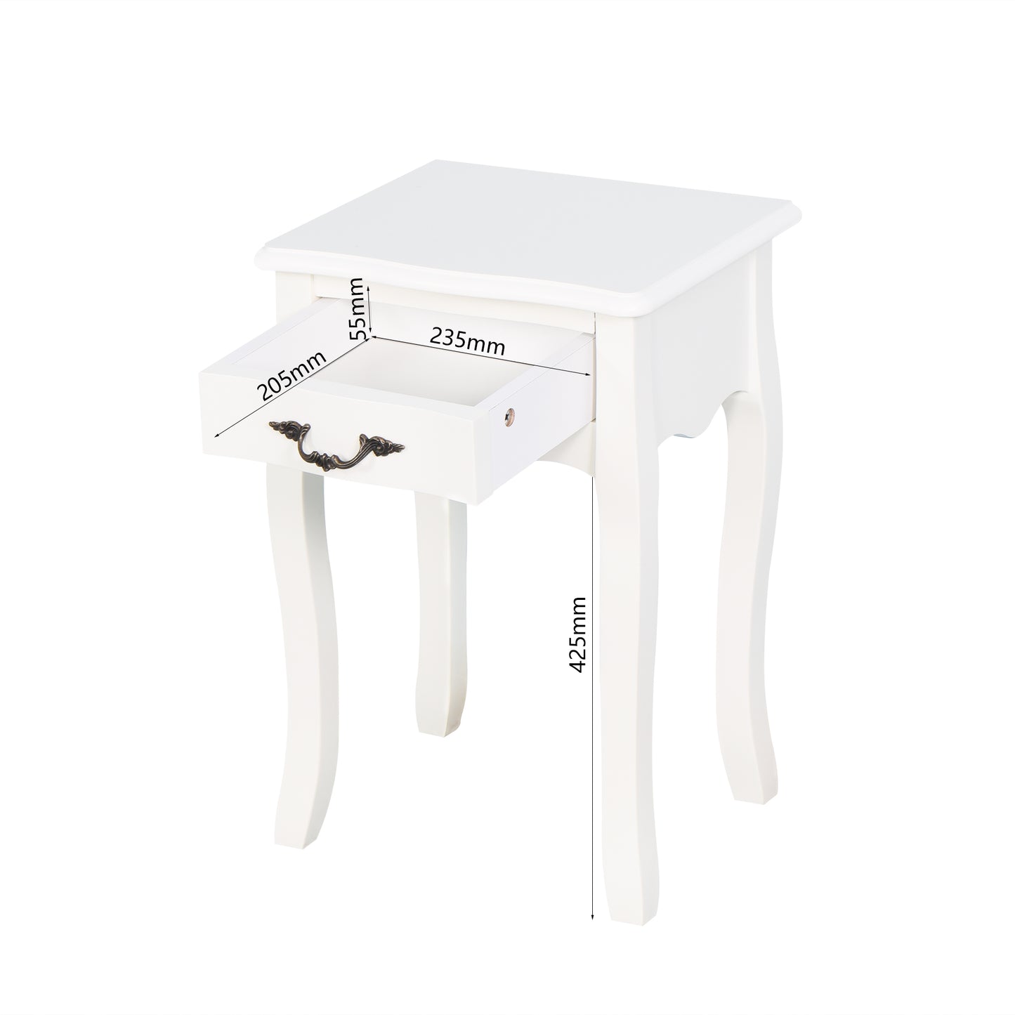 White bedside table with single drawer and ornate bronze handle