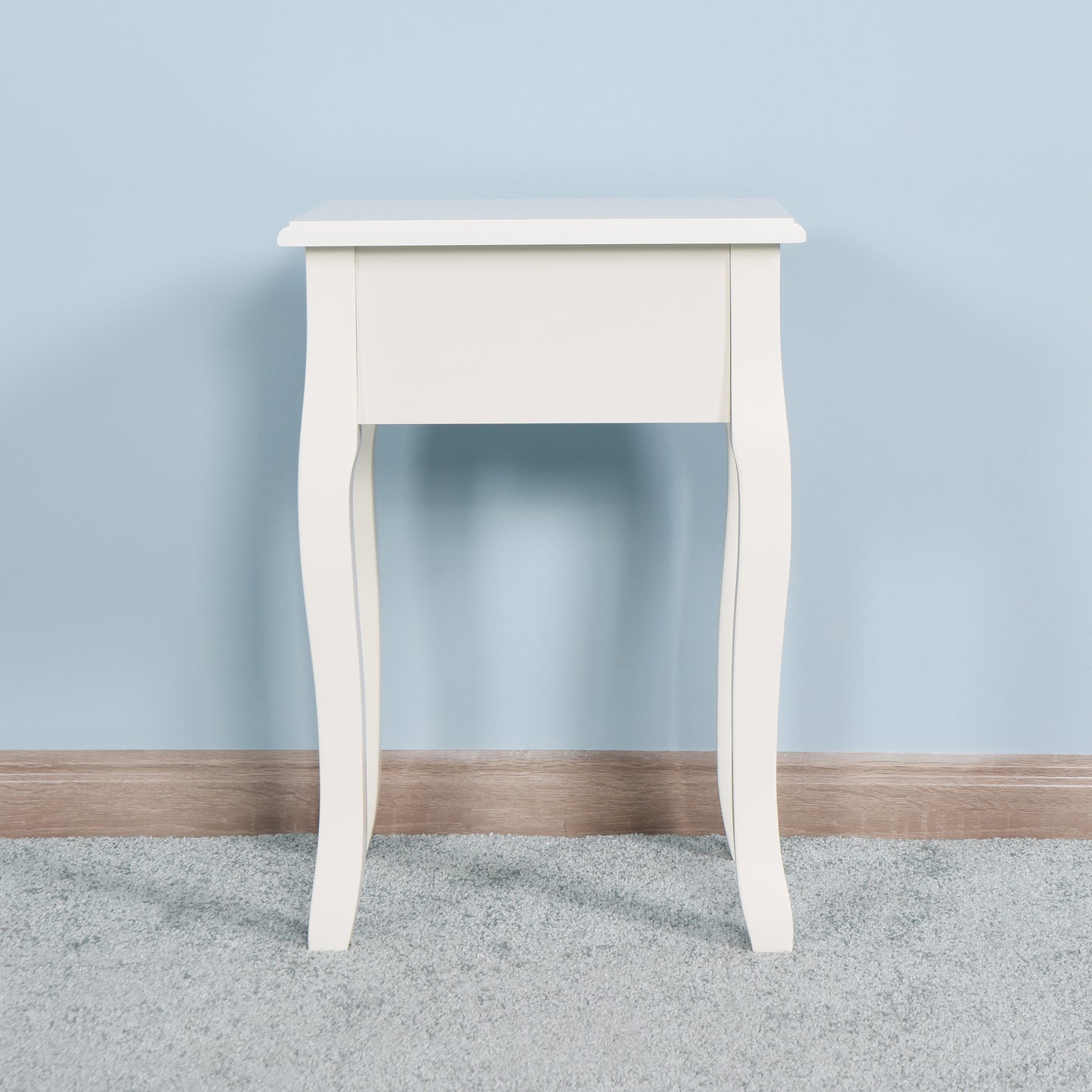 White painted wood side table with curved legs and one drawer