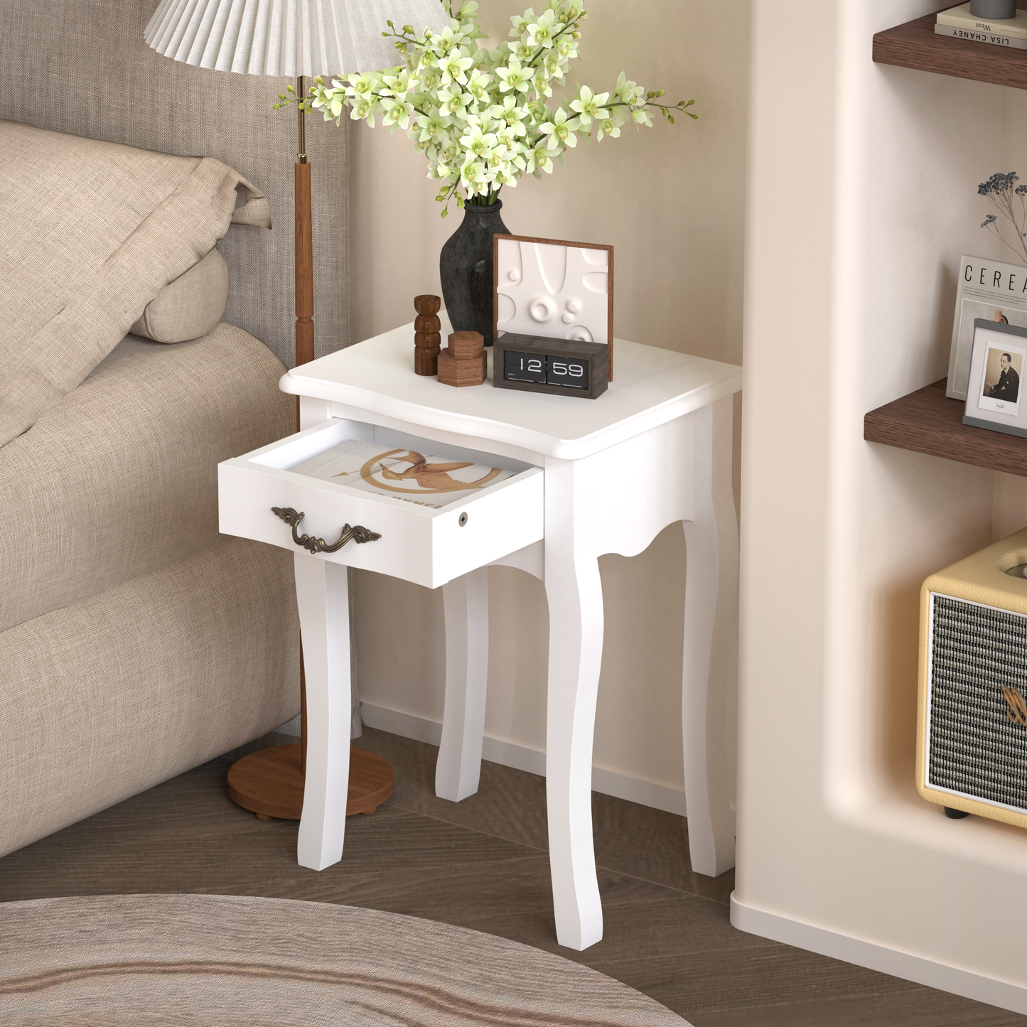 White bedside table with drawer