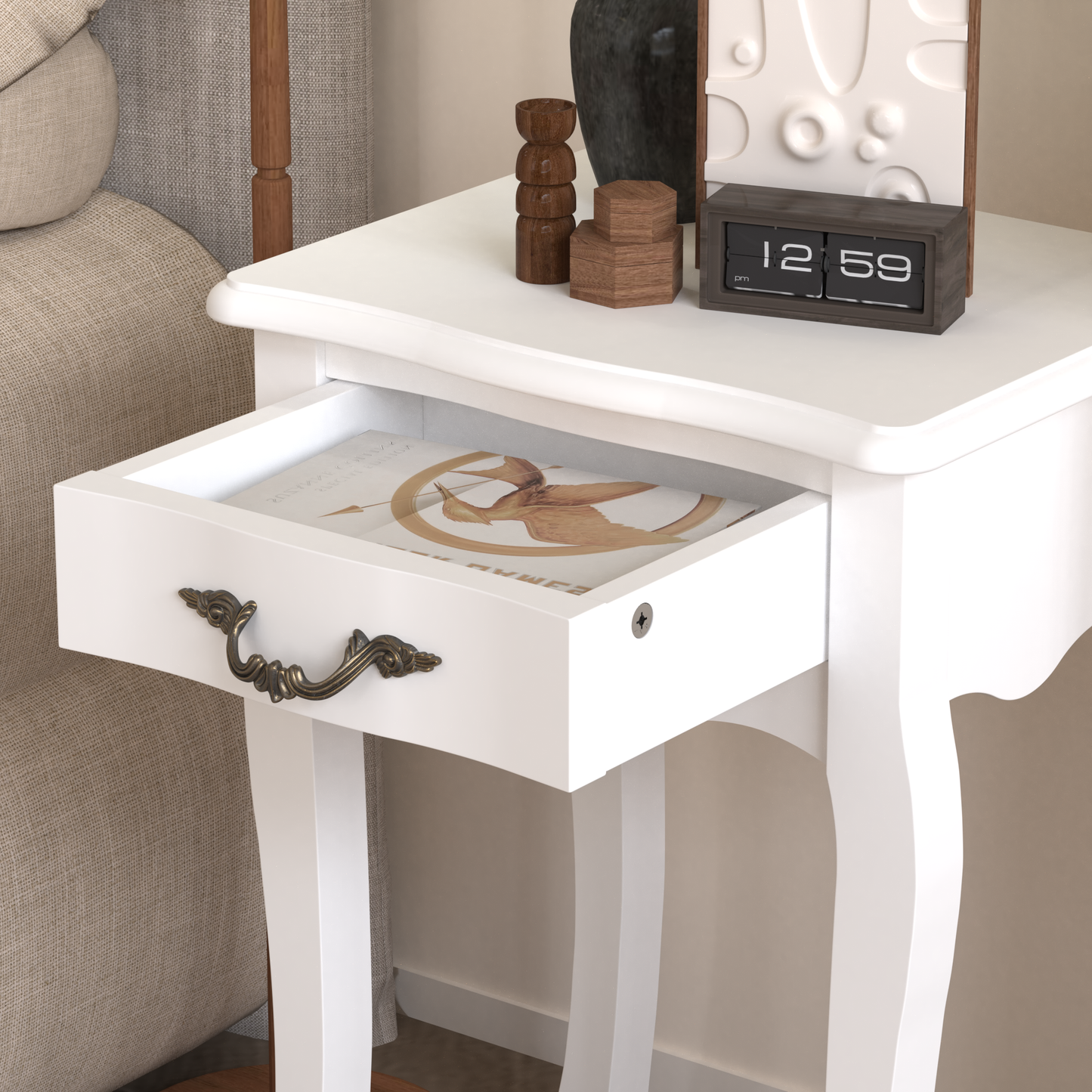 White wooden bedside table with ornate drawer pull and open drawer