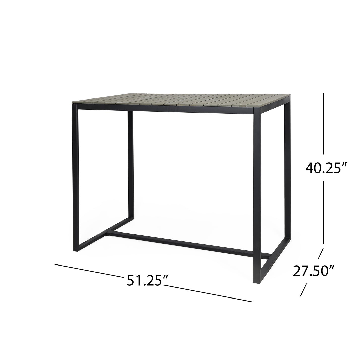 Gray slatted top outdoor bar table with black metal frame