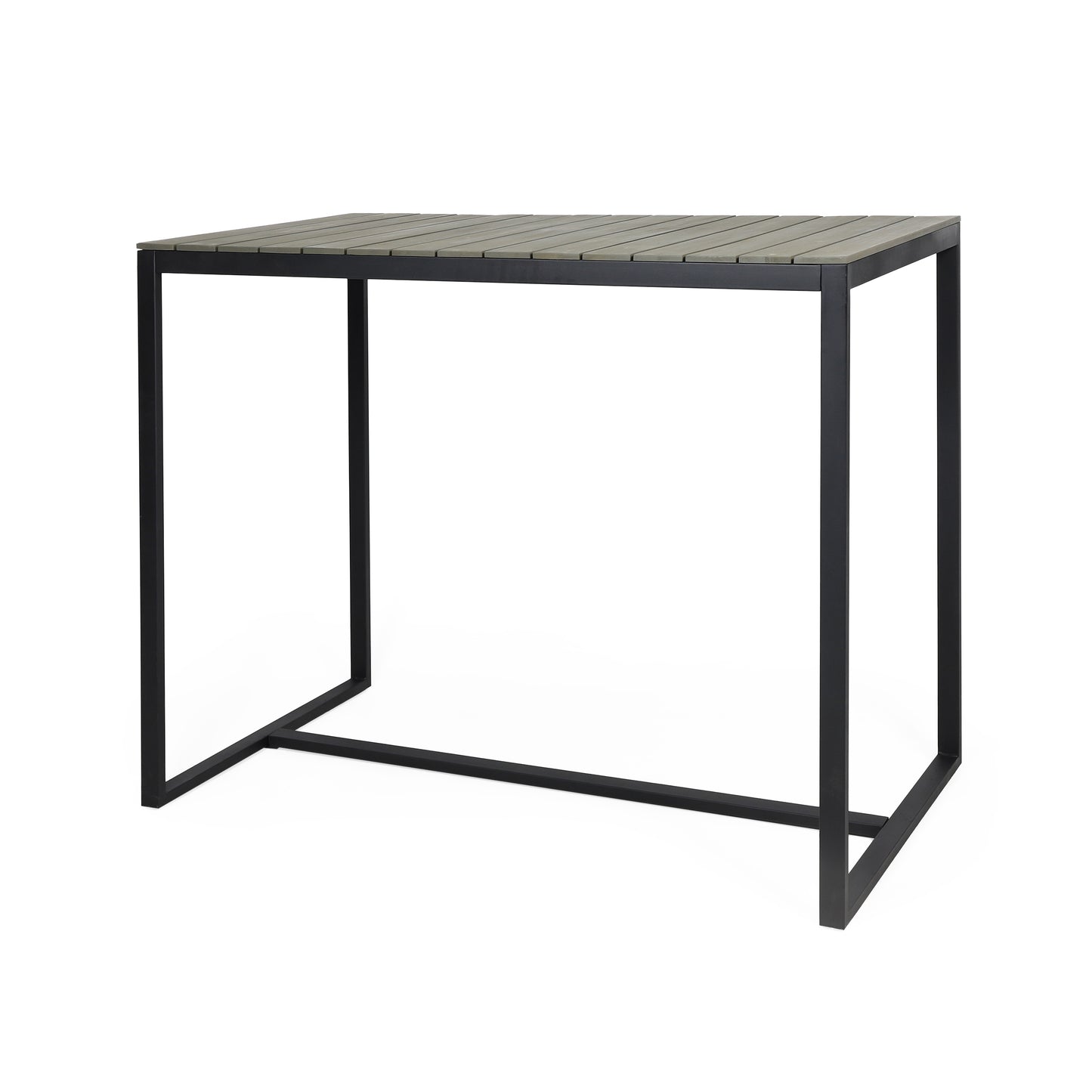 Modern outdoor bar table with grey slatted top and black metal frame