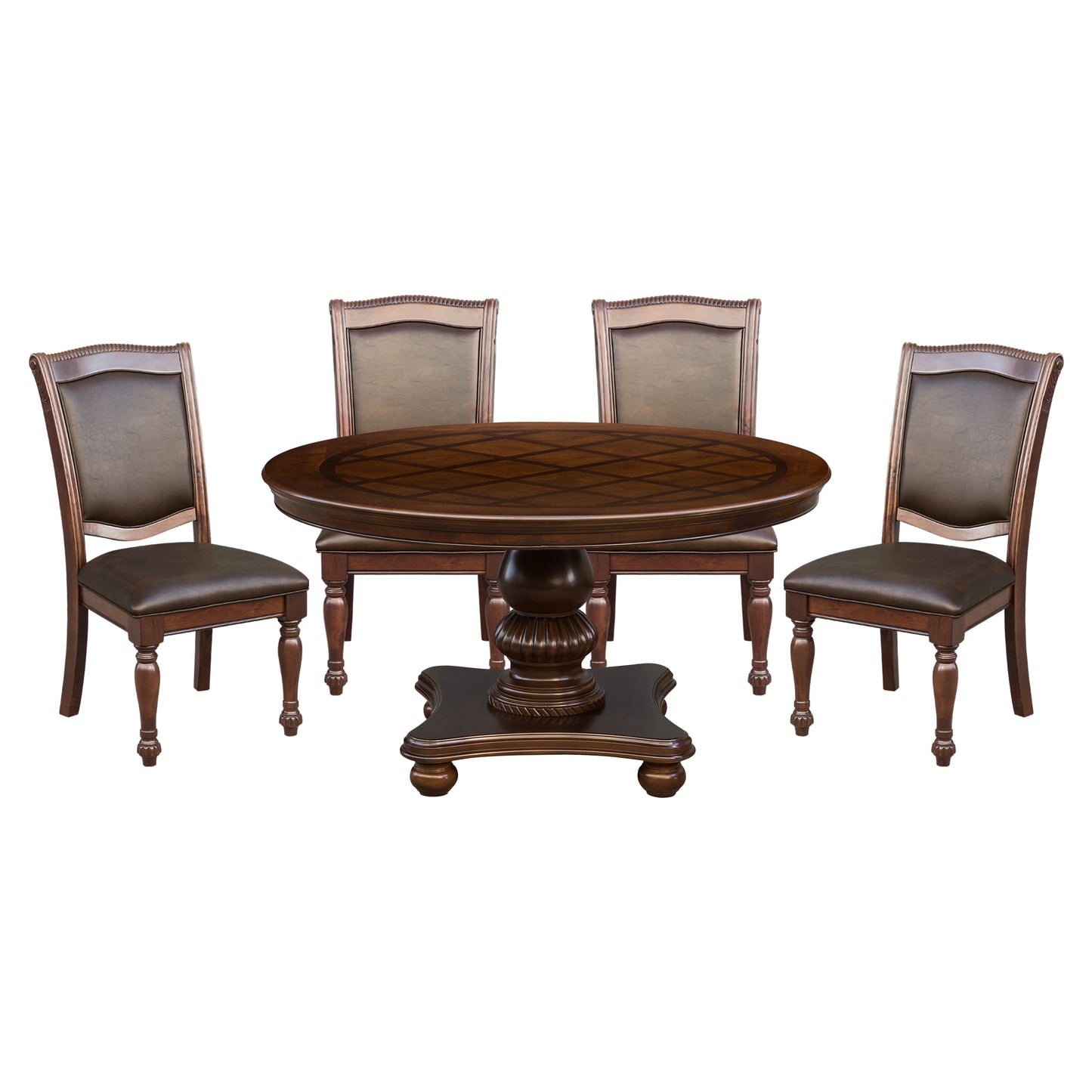 Dark wood dining table with diamond inlay and four brown leather upholstered chairs with carved details