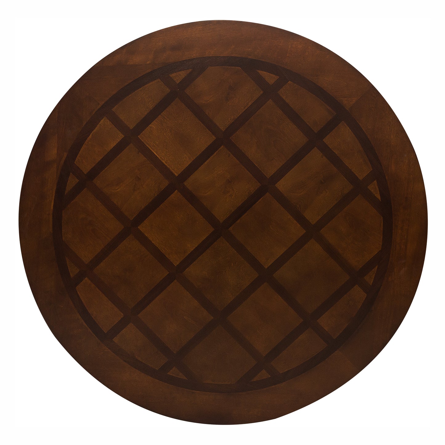 Round wooden dining table top with inlaid diamond pattern