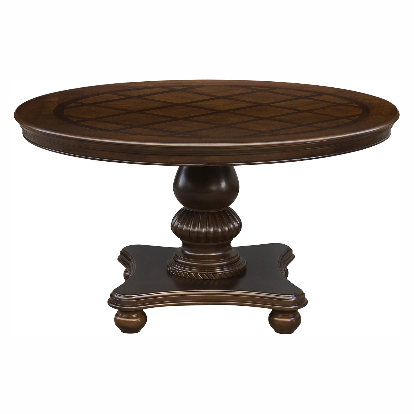 Dark wood round pedestal dining table with carved pedestal base
