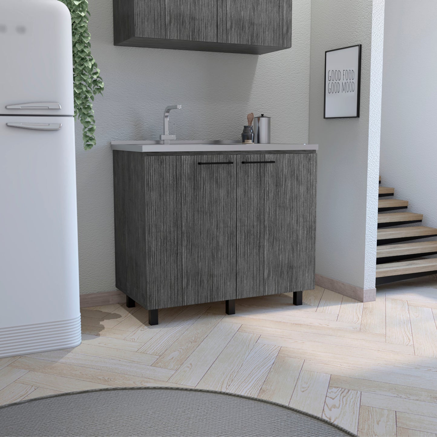 Gray wood grain twodoor kitchen base cabinet with stainless steel sink and faucet