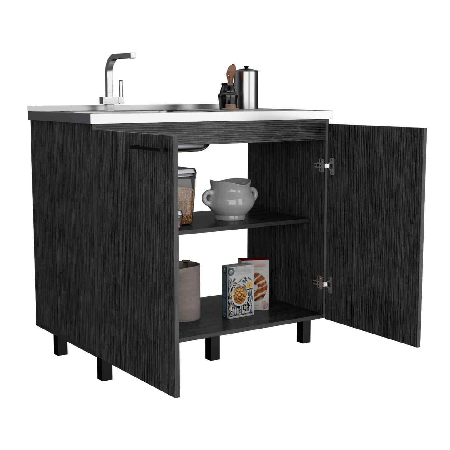 Black wood grain sink vanity with stainless steel countertop and faucet