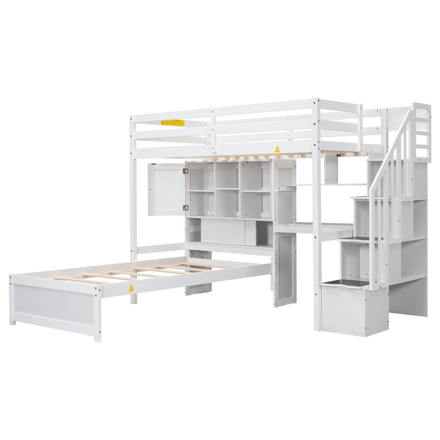 White wood loft bed with integrated desk and storage stairs