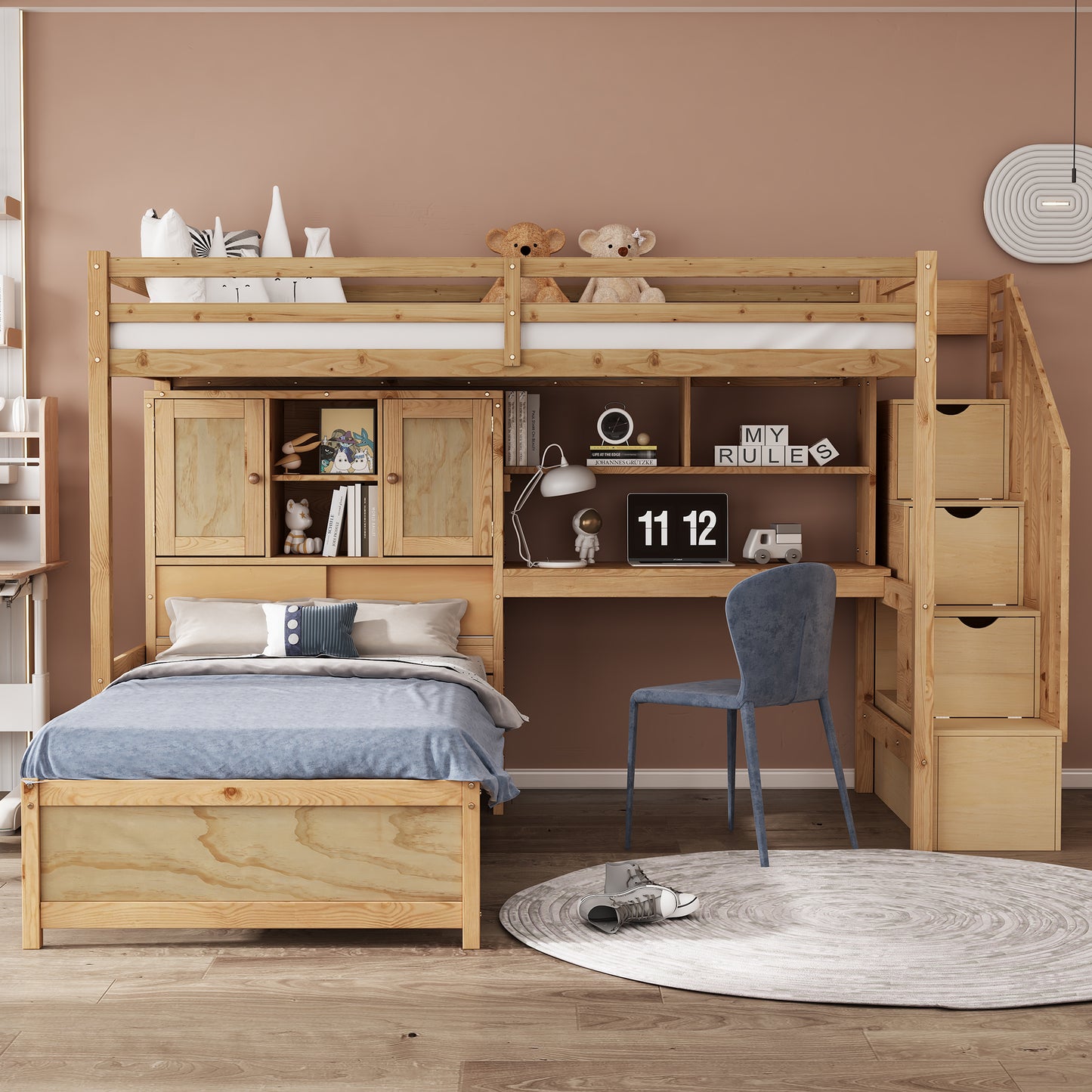 Natural pine wood loft bed with integrated desk and storage shelves