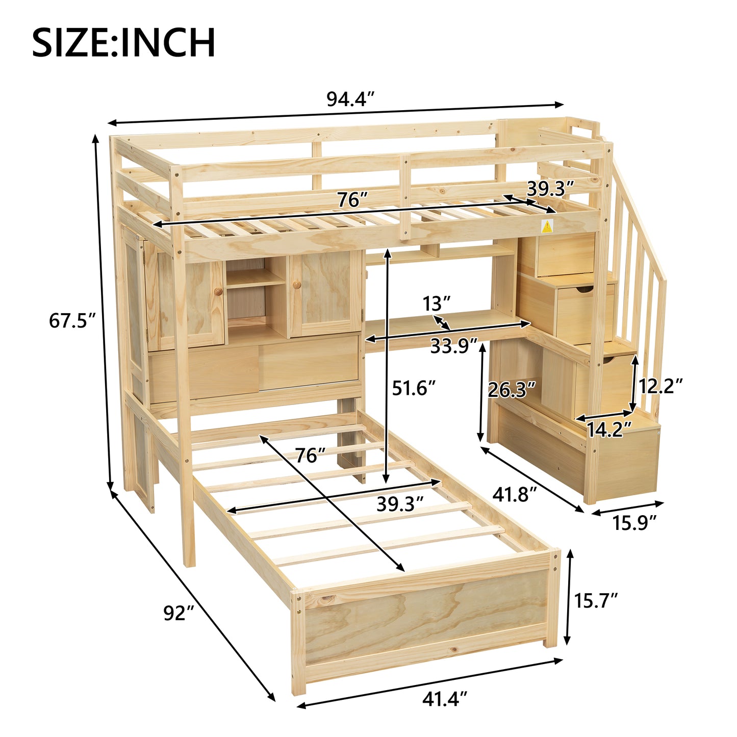 Natural wood twin over twin bunk bed with integrated storage drawers and shelves