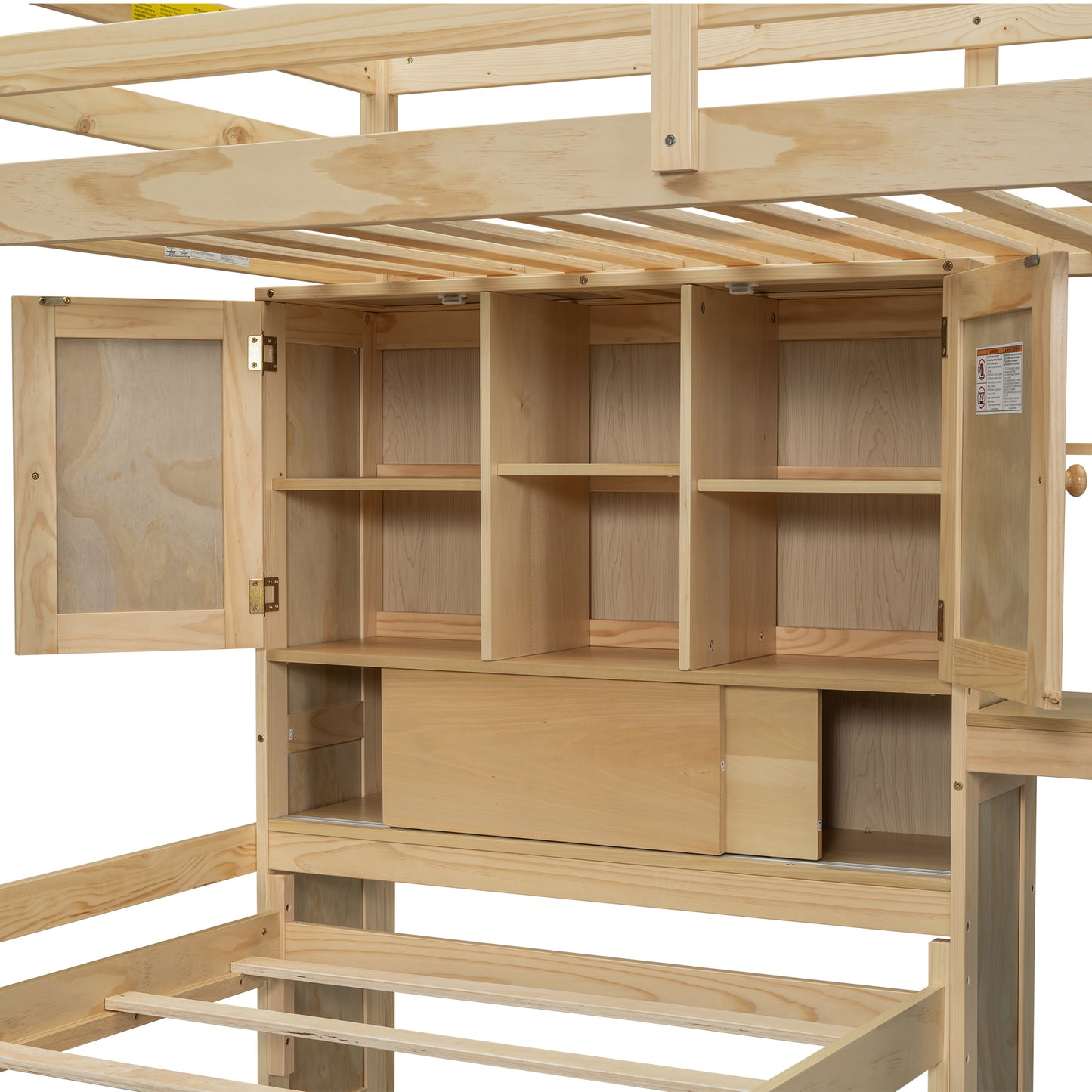 Pine wood bunk bed with integrated open shelving unit and cabinet doors