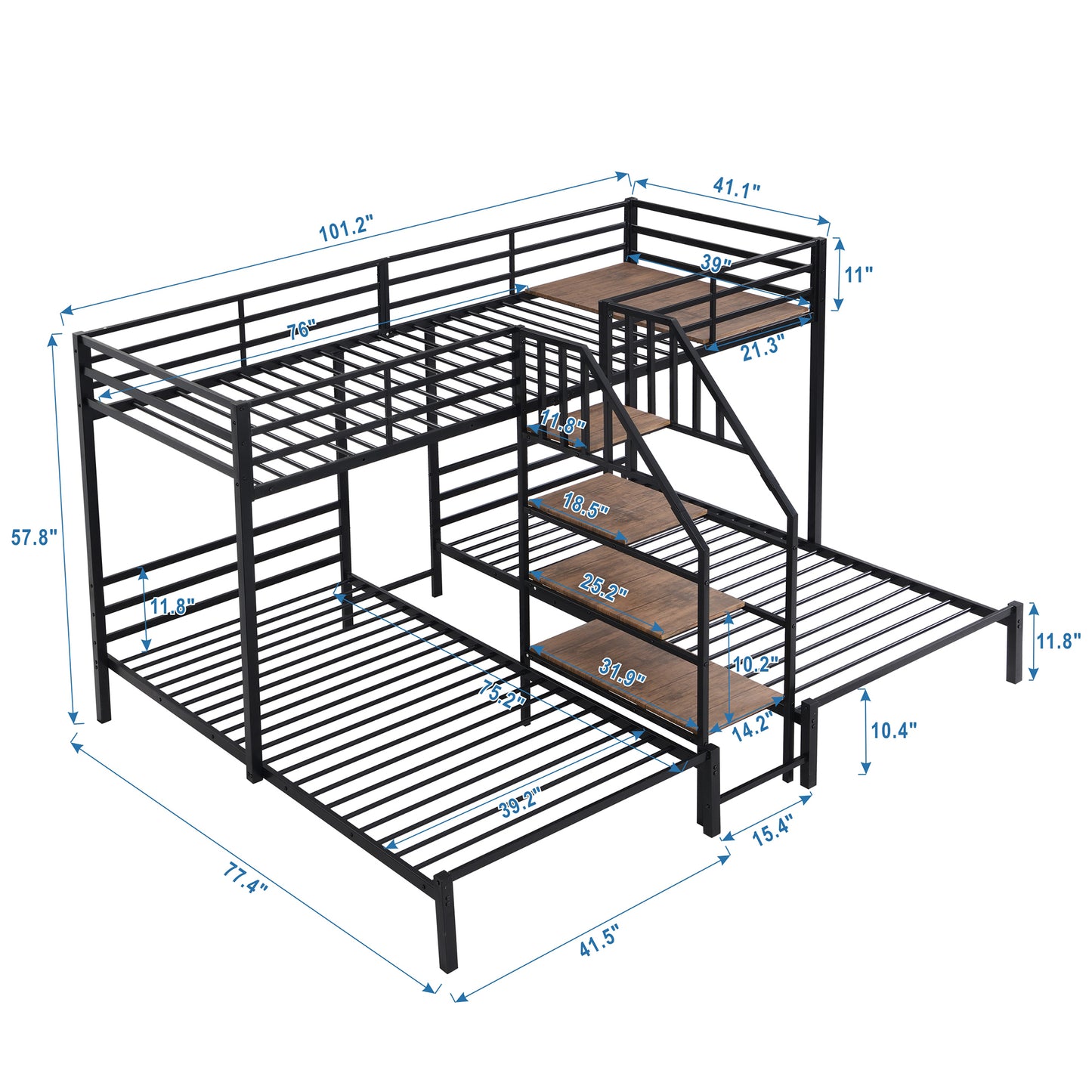 Black metal triple bunk bed with integrated staircase and wooden accents