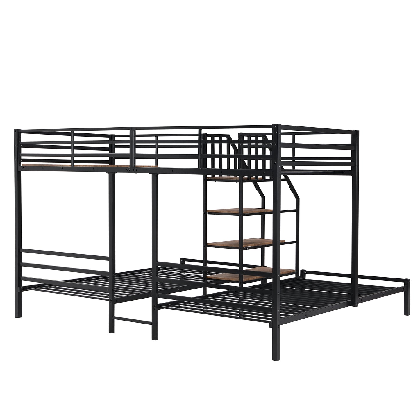 Black metal triple bunk bed with wooden steps and guardrails