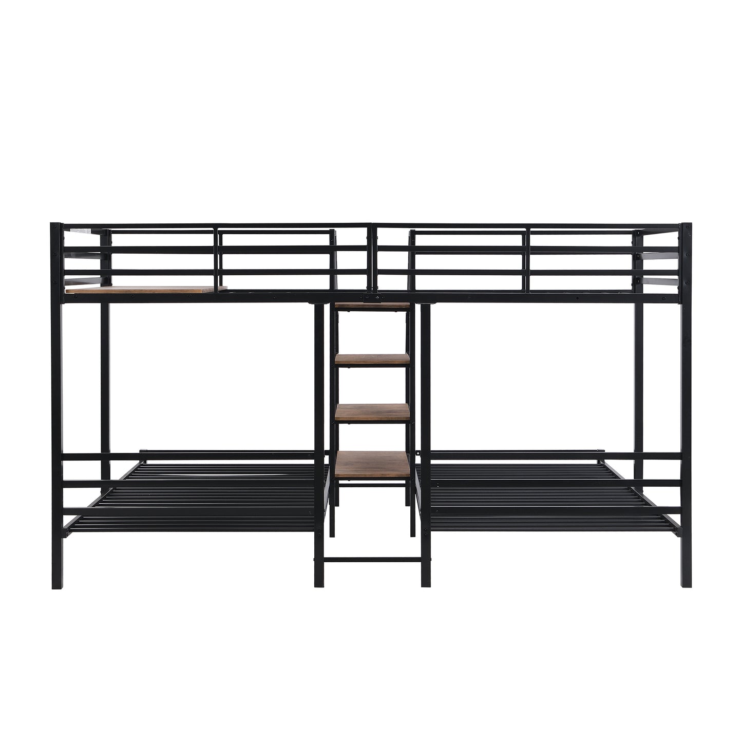 Black metal triple bunk bed with wooden shelves and ladder